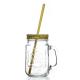 Clear Decorative Iron Cover 500 Ml Mason Jar With Handle And Straw