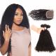 Free Shipping #1B Brazilian Human Hair Kinky Curly Weave 3 Hair Extensions with 4*4 Lace Closure