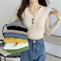 Ladies Long Sleeve Pullover Deep V Neck Knit Sweater With Buttons