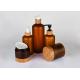 Bamboo Lid Empty Facial Cream Pump Lotion Jars Containers Cosmetic Packing Set Amber PET Plastic Bottle