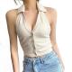 Women Polo Collar Backless Button Crop Top Streetwear Slim Fit White Halter Vest