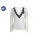 Deep V Stripes Neck Womens Knit Pullover Sweater Cartoon Embroidered Patch College Style