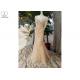 Short Sleeve Champagne Trumpet Prom Dress Lace Flowers With Beads Tulle Train