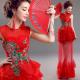 Chinese Style Improved Red Crepe Peony Embroidery Gorgeous Evening Dress TSJY116
