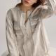 Loose 55% Linen Ladies Casual Tops Round Neck Striped Long Sleeve Shirt Womens