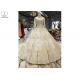 High Neck Ivory Ball Gown Wedding Dress Backless Long Sleeve Gold Beading