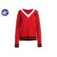 Stripes V Neck Womens Knit Pullover Sweater Preppy Style Cat Patch Shool Uniform Young Girl