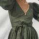 Puff Sleeve Casual Long Dress Anti Wrinkle V Collar Asymmetric Plain Dyed
