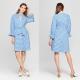 2018 New Design Ladies Long Blouson Sleeve Blue and White Gingham Dress with Belt