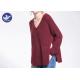 Big Side Slit Ladies Chunky Wool Jumpers , Women's V Neck Wool Sweater Red Color