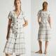 Summer Clothing Women V Neck Midi Checked Linen Dress