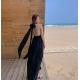 Backless Tie 136cm Black Chiffon Beach Dress V Neck Halter Strap Split