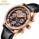 Genuine Leather Skeleton Mechanical Watch Gold Case  Water Resistant