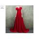 Short Sleeve Long Tail Gown / Red Satin Evening Gown Bust Back Beaded For Women