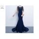 Long Tail Navy Blue Evening Gown Shoulder Beads Tassels Stretch Mermaid Shape