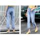 Straight Leg Light Wash Cotton Stretch Ladies Denim Jeans With Rips