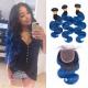 Pre-Colored Brazilian Body Wave Human Hair Bundles With Closure Ombre Color 1B/Blue Remy Hair 3 Bundles With Closure