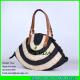 LUDA brown leather handles straw  handbags stiped cornhusk lady straw bag