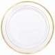 6 fancy round gold plastic plates with  plastic silverware 6 ivory/ gold band round rimini plastic dessert plate