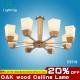 8 heads oak wooden ceiling lighting pendant lamp with glass lampshade for living room
