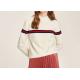 Classic White Ground, Black And Red Contrast Color Stripe Lady Jumper Mock Neck