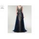 Tulle V Neck Ball Gown Backless / Long Tail Navy Blue Beaded Prom Dress
