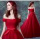 Off The Shoulder Red Crepe Boat Neck Gorgeous Small Train Evening Dress TSJY132