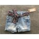 Popular Light Wash Denim Shorts / Stretchy Jean Shorts With Printed Woven Fabric Belt