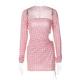 OEM  maufactory long -sleeved short skirt side polyester women's pink lattice dress