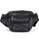 Black Men Leather Travel Waist Bag Lining 210 D 4 Zipper Pocket Adjustable Strap
