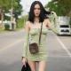 Women'S Slim Knitted Dress Casual One Shoulder Sexy Ruffled Slimming Long Sleeve Dress