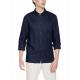 Blue Curved Hem Business Casual Linen Shirt Long Sleeve Collared Shirt