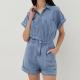                  Summer Women Short Sleeve Romper Fashion Casual Blank Button up Playsuit Denim Short Jumpsuit             