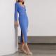                  Knitwear Blue Rib Elegant Casual MIDI Plus Size Women′s Dresses Sexy Sweater Knit Dress             