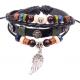 Flower wing charm black leather multi strands bracelets for men and women