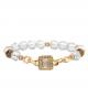 White Quartz Stone Engraved Gold Plated Chain Link Bracelet with Lock