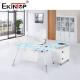 White Blue L Shape CEO Office Glass Desk With Cabinet Smooth Surface