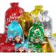 Christmas Drawstring Gift Bags With Tags, Xmas Present Wrapping Sacks Assorted Sizes, Reusable Foil Pouches Bulk