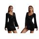 Black Ladies Maxi Dress Velvet Hip Wrap Skirt Flared Sleeves V Neck