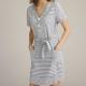Stripe Blue Grey Splicing Women'S Dress With Self Fabric Belt