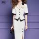 Women's Long Vintage Black and White Two-Piece Skirt Pant Coat Suit for Formal Office