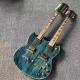 Top brand two head blue electric guitar with double neck and shell inlays