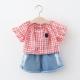 39in Plaid Suit Cute Children'S Outfit Sets Clothes Denim Shorts Oem Short Sleeved