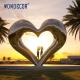 Large outdoor square modern abstract geometric hollow heart-shaped stainless steel sculpture