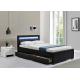 The Upholstered Bed has four pull-out storage drawers and  LED lights in its headboard.