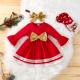 100cm 39in Polyester Children'S Dress Clothing With Bow At Waist Flare Sleeve