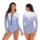 Zipper Front One Piece Long Sleeve Swimsuit Printing High Elastic Thumb Cuff