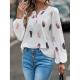 Women'S V-Neck Feather Print T Shirt Casual Loose Fit Long Sleeve Top