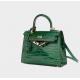 One Shoulder Womens Leather Bag Metal Lock Green Quilted Handbag
