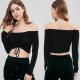Women Off Shoulder And Long Sleeve Drawstring Front Crop T-shirt